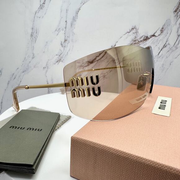 New MIU MIU Aube Sunglasses Gold Light Brown Mirror Bronze Rimless Wrap Womens main image 12